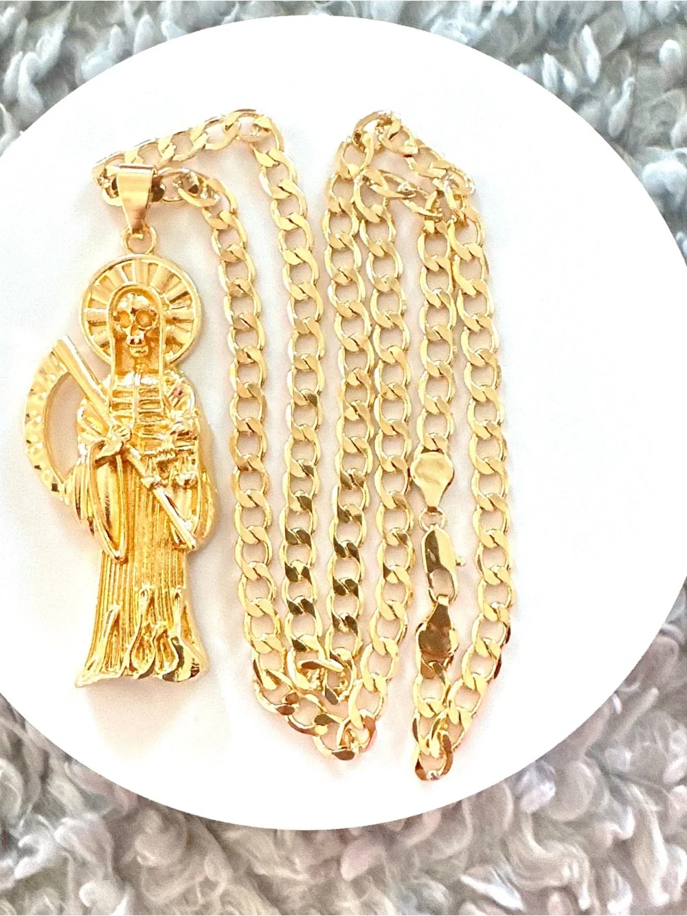 14K Gold Plated Santa Muerte men’s Necklace. New
